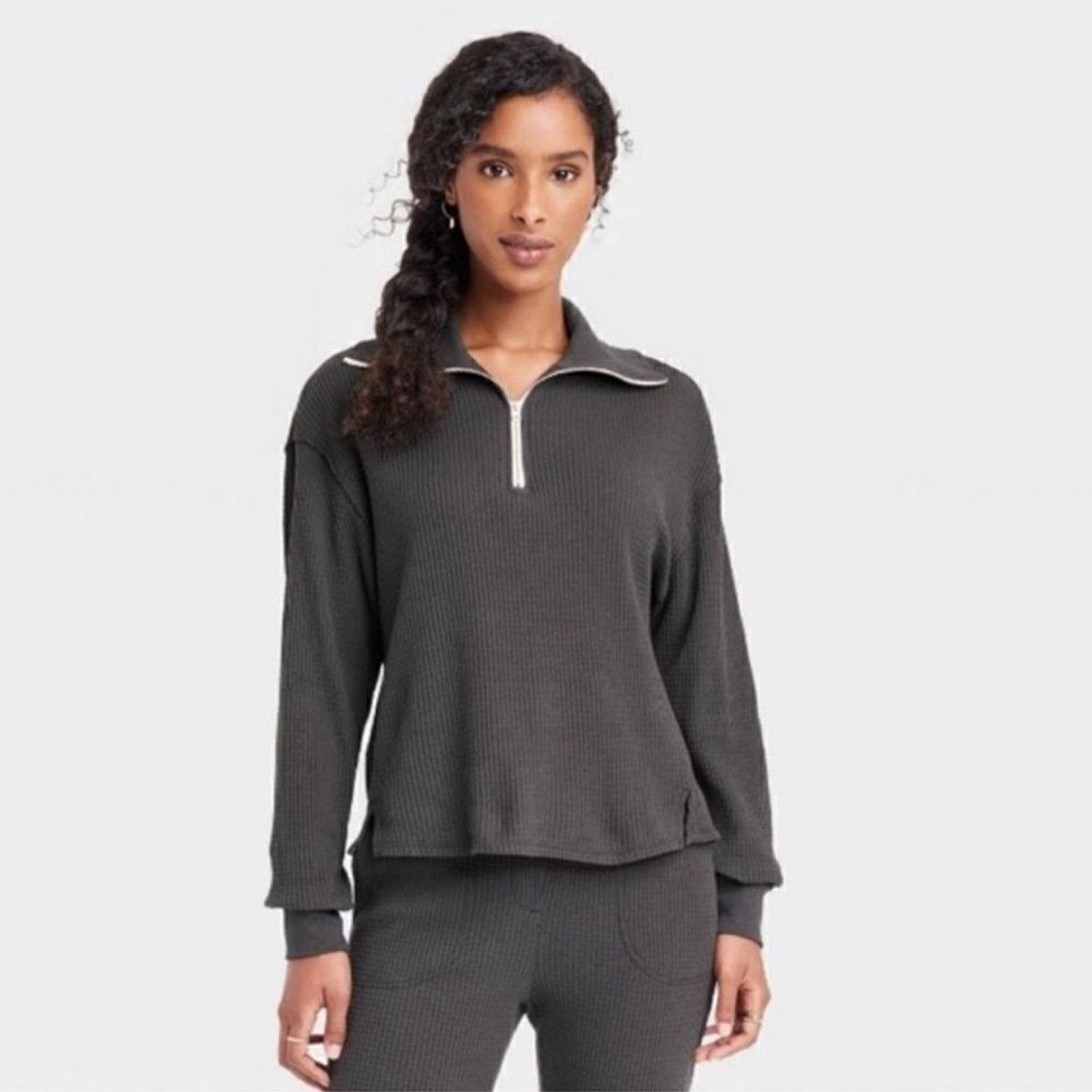 Universal Thread Women's Waffle Knit Quarter Zip Sweatshirt Dark Gray Size XXL